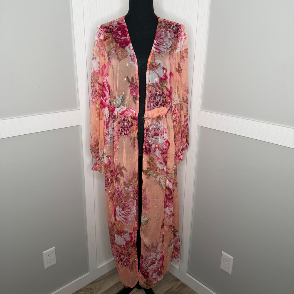 Express Kimono Robe Womens Medium Pink Floral Metallic Sheer Long Duster